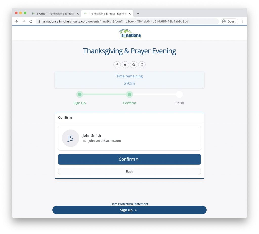 Church Suite Event Confirmation