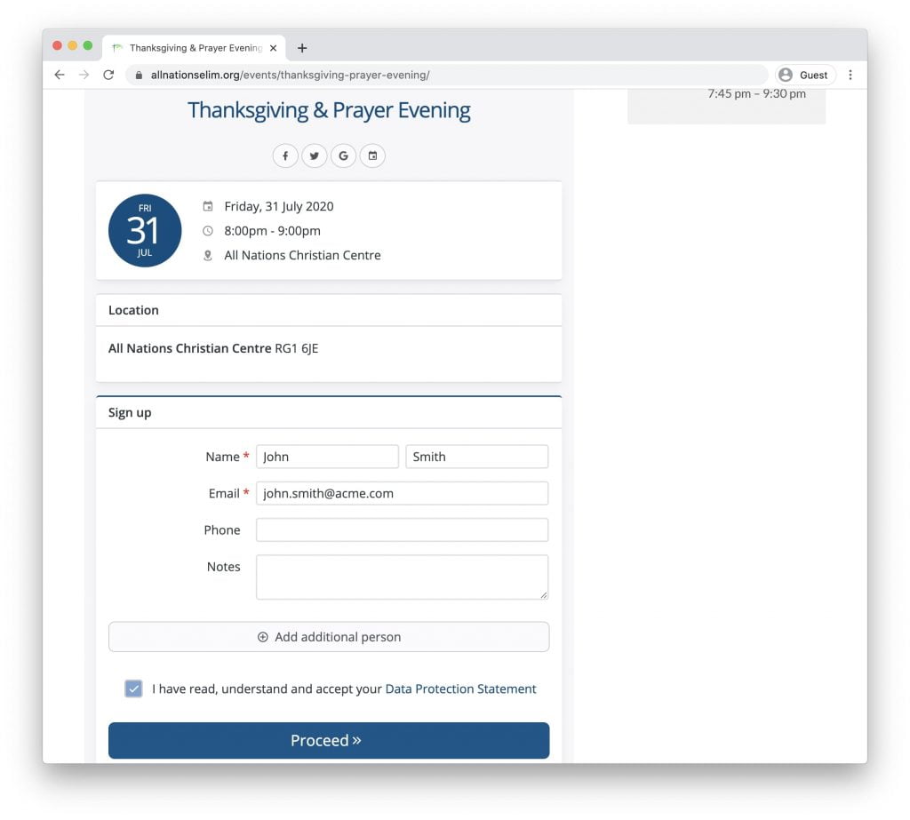 Website Event Sign Up Details